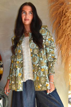 Annie 1972 Point Collar Smock Blouse Sage & Olive